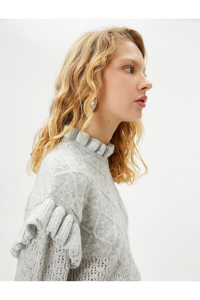 Koton Frilly Knit Openwork Sweater Soft Textured Stand Collar Glitter