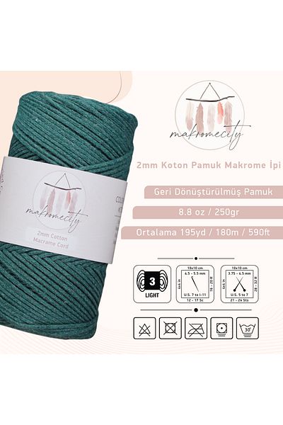 Makromecity Premium Koton Cotton Macrame Twine Nefti 200 gr 150 Yards 2mm Βαμβακερή Αλυσίδα Μακραμέ Τσάντα Σχοινί Supla Twine