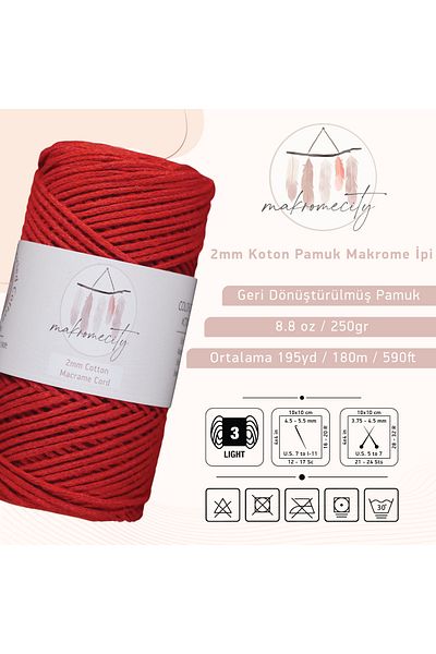 Makromecity Premium Koton Cotton Macrame Rope Red 200 Gr 150 Meters 2mm Cotton Macrame Bag Rope Supla Rope