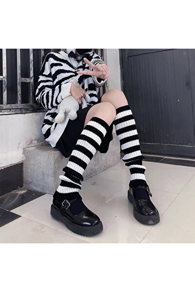Köstebek Siyah Beyaz Çizgili Kışlık Örgü Tozluk
