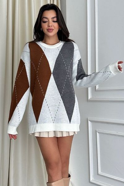 lovebox Pulover de damă alb cu mânecă lungă cu mânecă lungă, cu model de diamante, cu gâtul rotund 2943