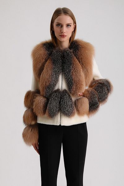 Leather Club Ecru Natural Fox Wool Jacket with Fur Accessories
