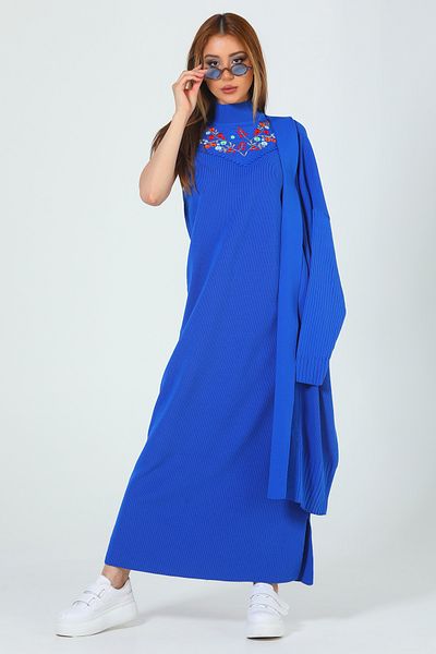 GÜLSELİ Saks Blue Women's Embroidered Knitwear Dress Cardigan Double Set