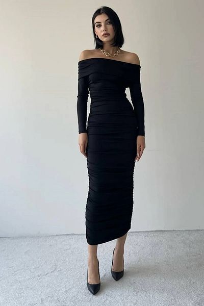 WOMAN VISION Γυναικείο ελαστικό αμμώδες ύφασμα στράπλες γιακάς μίντι μήκους μολύβι μακρυμάνικο μαύρο φόρεμα 189