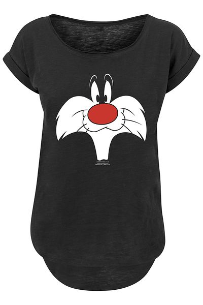 F4NT4STIC Damen Looney Tunes Sylvester Big Face-BLK mit Ladies Long Slub Tee