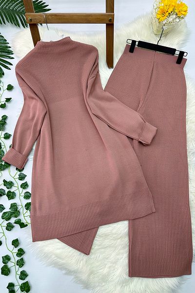 MODAQU Ribbed Knitwear Tunic Trousers Set - Pink