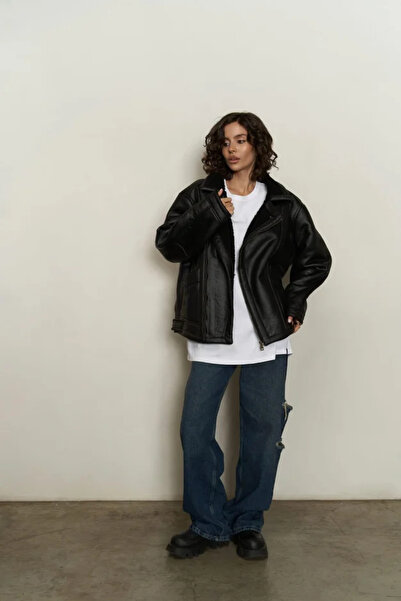 Laluvia Černá kožešina uvnitř koženého kabátu