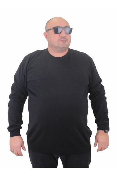 Starbattal Men's Large Size Crew Neck Basic Knitwear Sweater 23750 BLACK