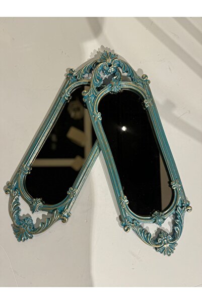 Peramari Dekoratif Polyester Ikili Niş Dikdörtgen Ayna Takımı Turkuaz Eskitme