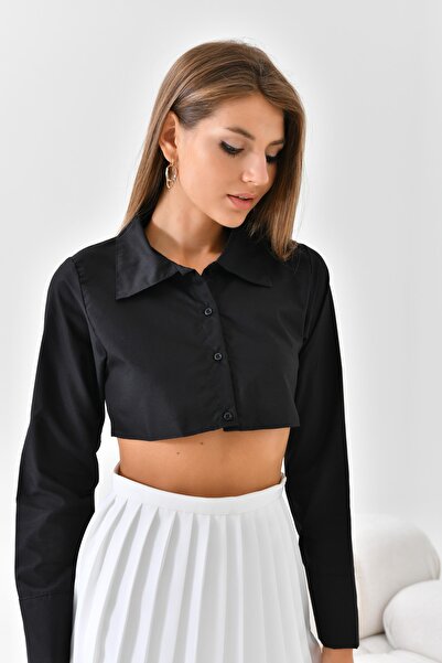 mirach 2’li Paket Gömlekli Kolluk Yarım Gömlek Crop Gömlek Yaka Kadın Gömlek Beyaz Siyah Boyunluk Model