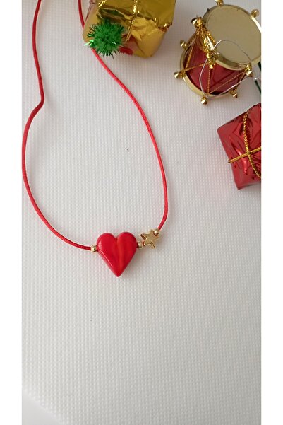 nergis collection Kırmızı Kalpli Yıldız Detaylı Murano Choker İp Kolye