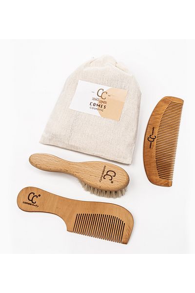 ComesBaby 3-Piece Mother Baby Set Goat Hair Hair Brush + Comb with Handle + Oval Close Tooth Comb Natural