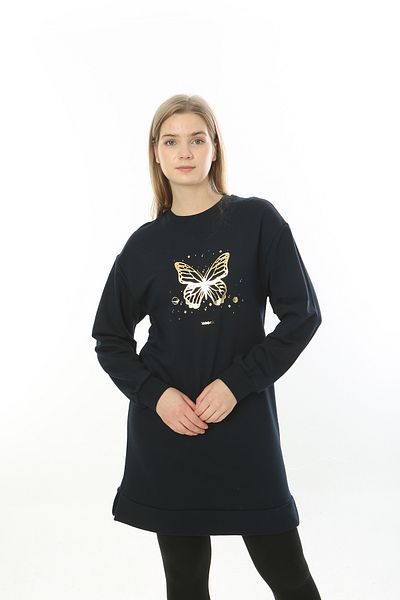 Avones Women's Oversize Pattern Butterfly Printed 2 Thread Tunic Navy Blue