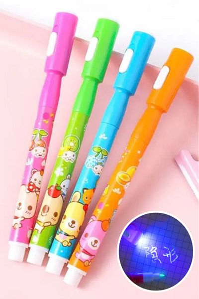 Limmy Teddy Bear Patterned Illuminated Invisible Pen - 4 Pieces