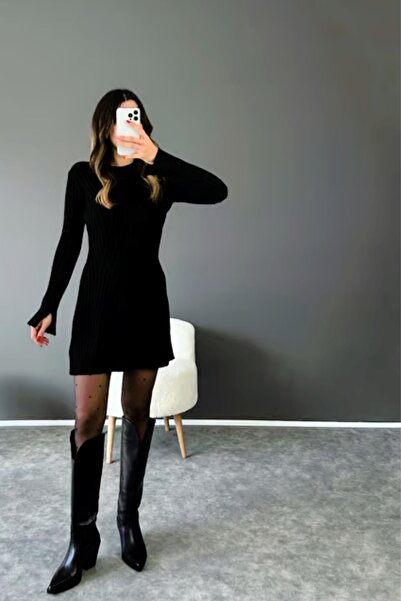 FMN Moda dámské černé mini délka úplet žebrované šaty zvonová sukně pinterest crew neck