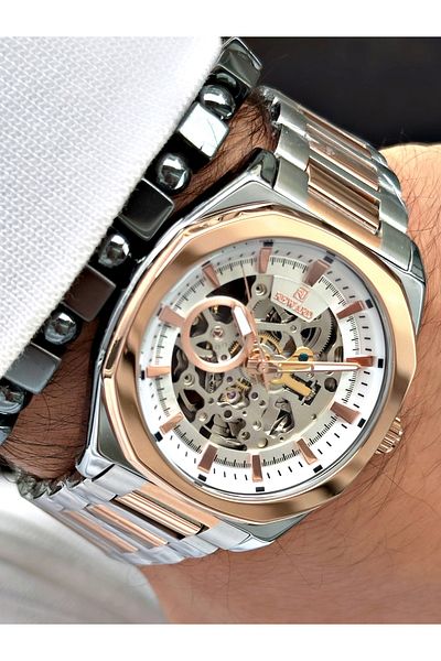 Reward Silver Rose Gold Color Luxury Mechanism Steel Strap Men's Wristwatch + BRACELET WITH GIFT