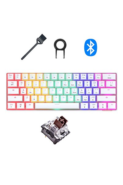 Sarftech Stk61 Beyaz Rgb Ledli Tam Mekanik Kahverengi Switch Gaming Bluetooth Kablosuz Oyuncu Klavyesi