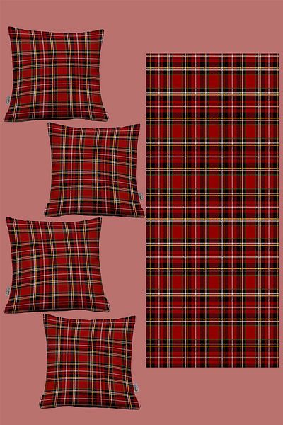 Hayal Dekoratif Red Background Plaid Pattern Christmas Set 4-Piece Throw Pillow Cover and Runner Set