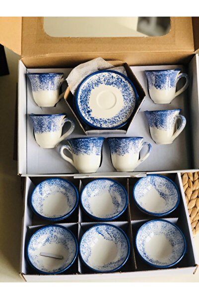 Den Tasarım Hediyelik Dentadesign Gift Blue Set of 6 Turkish Coffee Cups and Ceramic Set of 6 Snacks