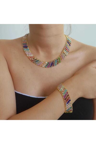 Handmade By HLY El Yapımı Kristal Taşlı Karışık Renk Set Takım Bijuteri Kolye...