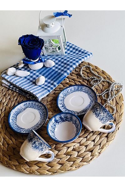 Den Tasarım Hediyelik Blue Marine Ceramic 2-Piece Coffee Cup Set and Turkish Delight Bowl