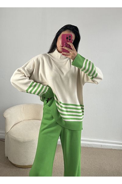 minaaise Set de tricotaje cu dungi pe jumătate verde fistic 26044