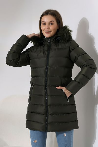 Talsmoda KHAKI COLOR HOODED ZIPPERED MICROJEL FILLED PLUSH WATER AND WIND PROOF COAT