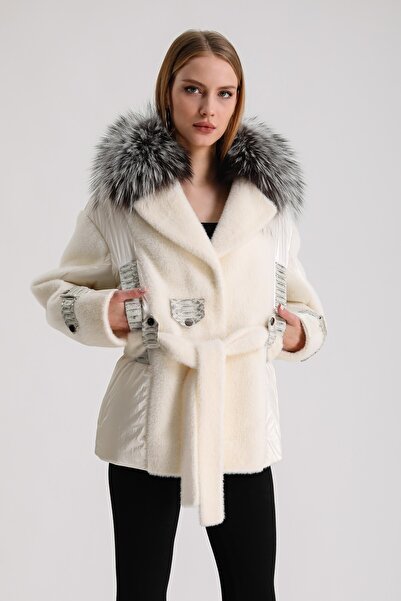Leather Club Ecru Arjante Fox Fur Accessory Python Leather Garnished Wool Coat