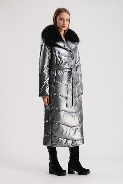 Leather Club Metal Gray Fox Puffer Coat with Fur Accessories