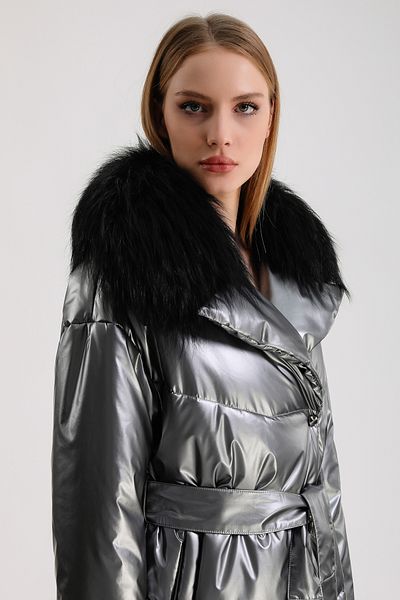 Leather Club Metal Gray Fox Puffer Coat with Fur Accessories