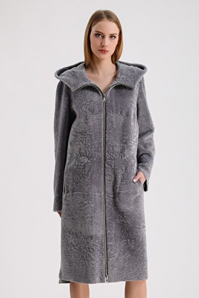 Leather Club Gri Deri Garnili Çift Taraflı Astragan Kürk Kaban