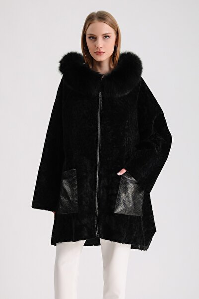 Leather Club Siyah  Aksesuarlı Deri Garnili Çift Taraflı Astragan Kürk Kaban