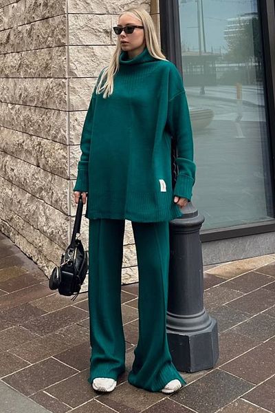 lovebox Pulover verde cu mânecă lungă, cu gât supradimensionat și talie înaltă, tricotaje verde, pantaloni, costum 003