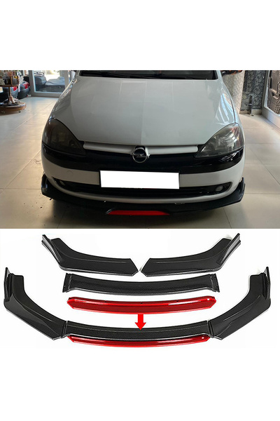 MKG Otomotiv Opel Corsa C Kırmızı Renkli Şeritli Dilli Ön Lip 4 Prç Parlak Siyah ABS