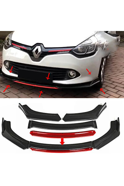 MKG Otomotiv Renault Clio 4 Mk4 Kırmızı Renkli Şeritli Dilli Ön Lip 4 Prç Parlak Siyah ABS 2012 - 2019