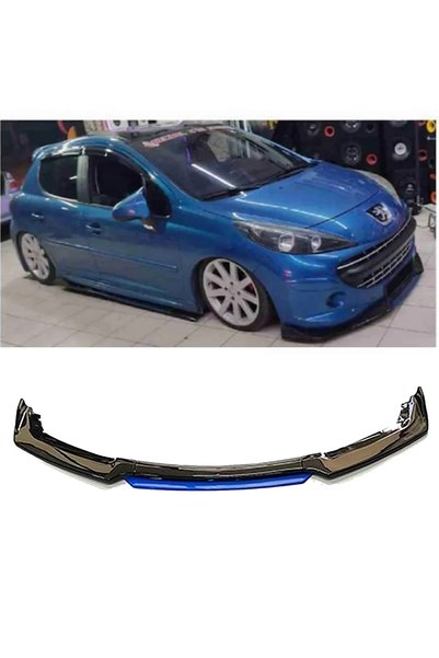 MKG Otomotiv Peugeot 207 Mavi Renkli Şeritli Dilli Ön Lip 4 Prç Parlak Siyah ABS