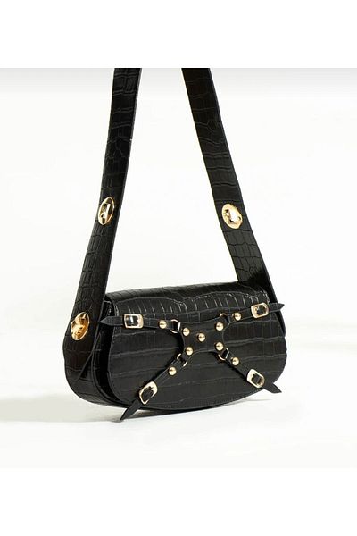 Mercan Stores Women's Black Crocodile Textured Shoulder Bag with Adjustable Lock Strap