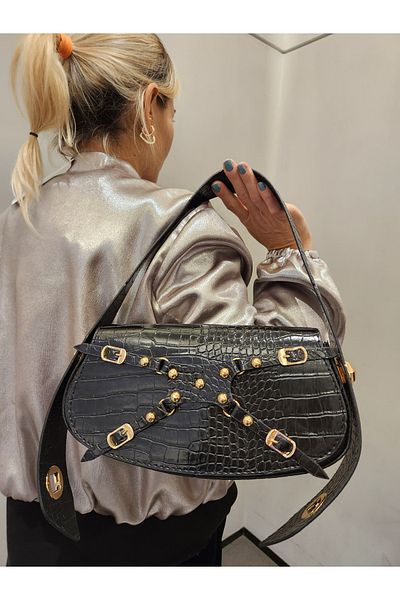 Mercan Stores Women's Black Crocodile Textured Shoulder Bag with Adjustable Lock Strap