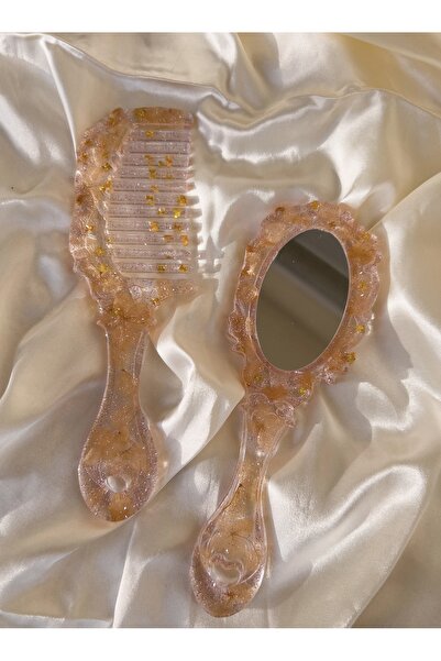 Beliert Gerçek Kurutulmuş Çiçekli Tasarım Tarak Ve Ayna Seti Hediyelik, Çeyiz