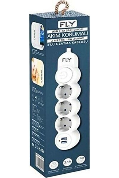 Genel Markalar FLY 3'LÜ 2MT ANAHTARLI 2 USB'Lİ AKIM KORUMALI PRİZ