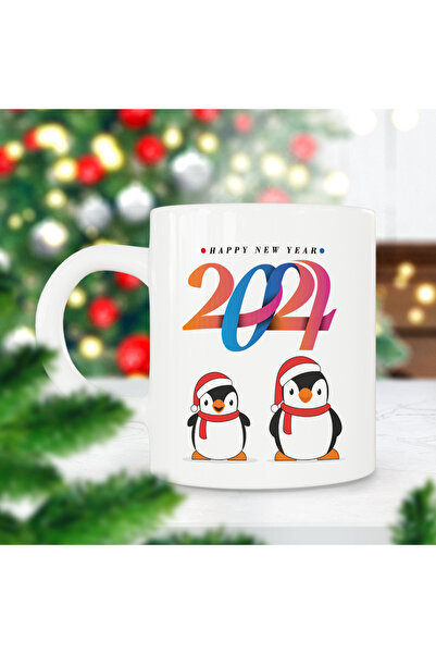 ART HEDİYE 2024 Happy New Years Penguins Christmas Gift Printed Mug Cup