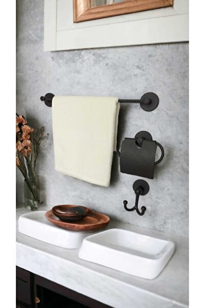 Egem Home Yapışkanlı Banyo Seti, Siyah, Düz Havluluk, Kapaklı Tuvalet Kağıtlı...