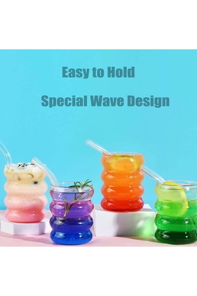 Yenigeldi 4 Pieces of Knotted Cups (4 PCS GLASS STRAWS, 1 PIECE STRAW BRUSH) Heat Resistant Wavy Cups