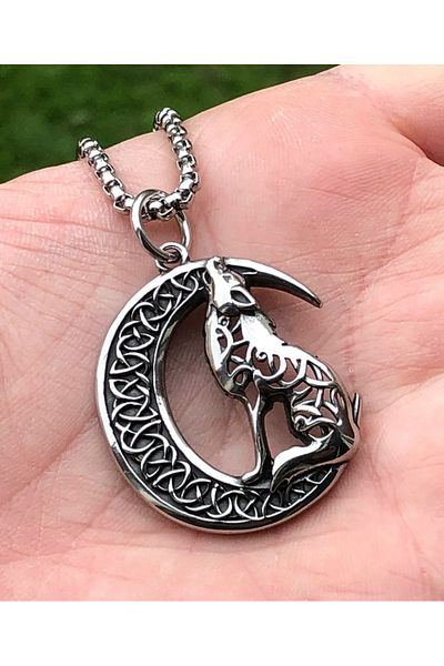 Viking Fenrir & Moon Scandinavian Pattern Stainless & Tarnish 316L Steel Necklace