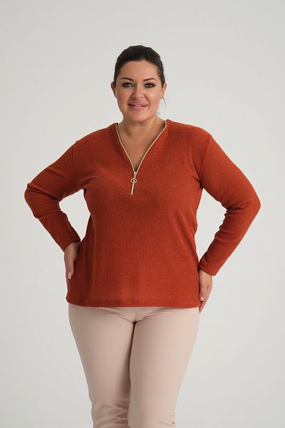 MJORA Tile Collar Zippered V-Neck Large Size Knitwear