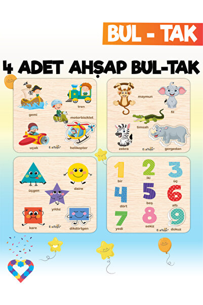 esatoys Eğitici 4 Adet Bul-Tak Oyuncak Taşıtlar, Rakamlar, Geometrik Şekiller ve Orman Hayvanları