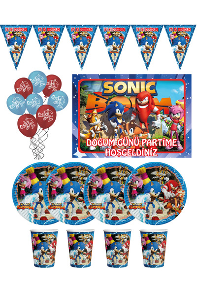 Parti Karnavalı Sonic Boom 35x50 Cm Afişli ve Flamalı 16 Kişilik Doğum Günü P...