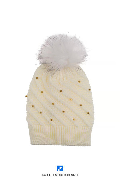 Kardelen Butik Denizli Beretă cu pompon de calitate, tricotată, perlă și piat...