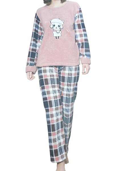 ÇEÇEN HOME Kadın Polar Peluş Pijama Takımı Gül Kurusu Ördek Desenli