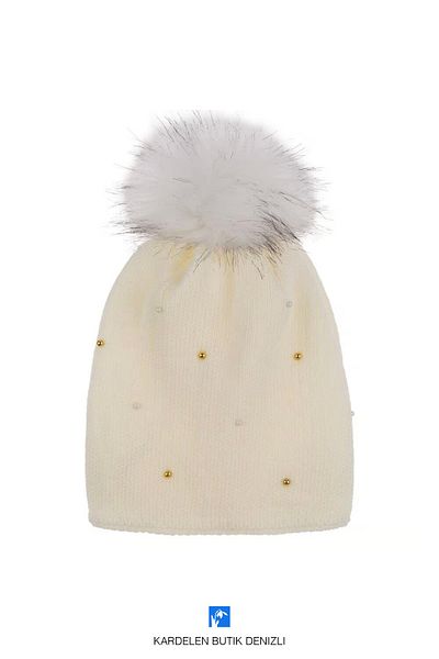 Kardelen Butik Denizli Quality, Knitted, Pearl and Stone Pompom Beret for Women